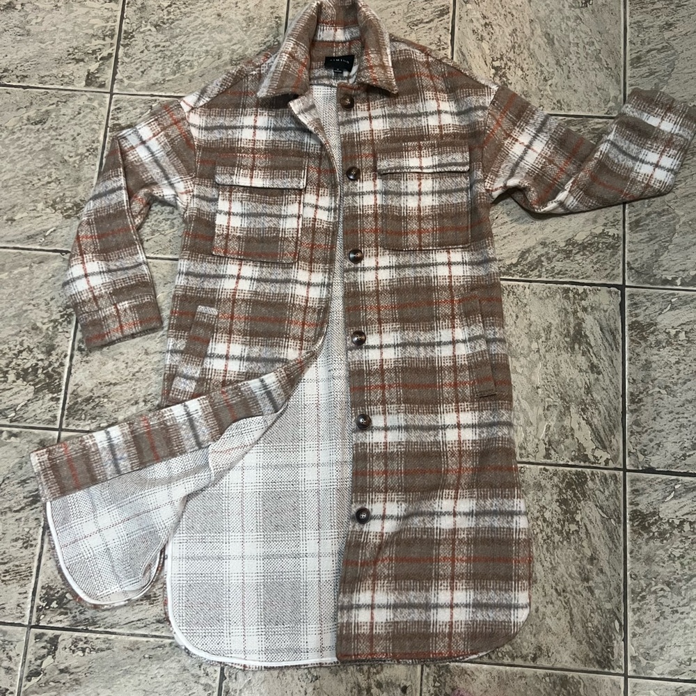 Timing Brown and White Trench Coat with Plaid Pattern